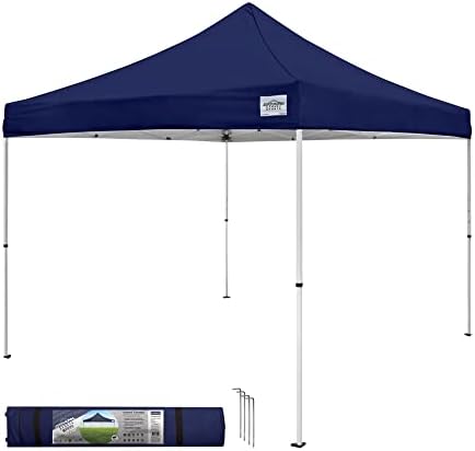 Caravan Canopy 12 by 12 Foot Polyester Straight Steel Leg Instant Pop Up Canopy Tent with Adjustable Height for Outdoor Events, Blue | 150D polyester top with 99 percent UV protection, 3 height settings to 9 ft, steel frame, roller bag and 4 stakes