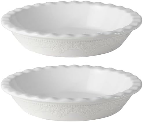 Fun Elements Pie Pan, 9 Inch Ceramic Pie Dish, Deep Dish Pie Pan with Lace Emboss, Ruffled Pie Plate for Baking