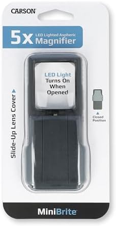 Carson MiniBrite LED Lighted Slide-Out Aspheric Magnifier with Protective Sleeve (PO-55), 5X, Gray