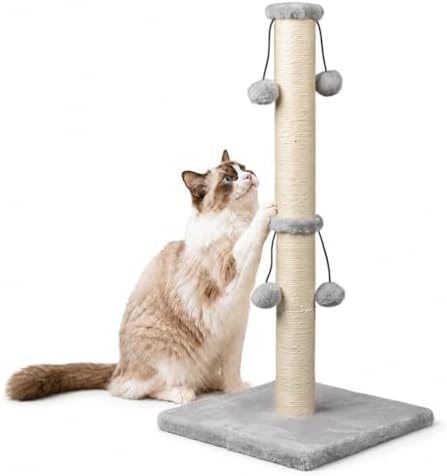 Dimaka 29'' Cat Scratching Post, Natural Sisal Rope Scratcher Post, Kitten Claw Scratch with 4 DanglingToy Balls for Large Cats (Grey)
