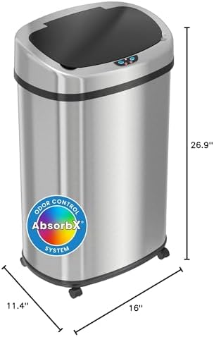 SensorCan 13 Gallon Sensor Trash Can with Wheels and AbsorbX Odor Control System, Stainless Steel