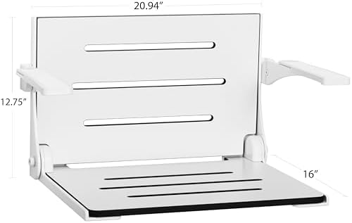 Seachrome Silhouette Comfort Folding Wall Mount Shower Bench Seat with Arms, Teak Seat with Silver Frame