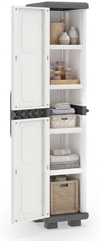 GIANTEX Storage Cabinet with 2 Doors and Adjustable Shelves, Modern Plastic Base Garage Organizer, Floor Sideboard for Kitchen, Dining Room, Bathroom (Wide-29"x19"x37",White+Brown)