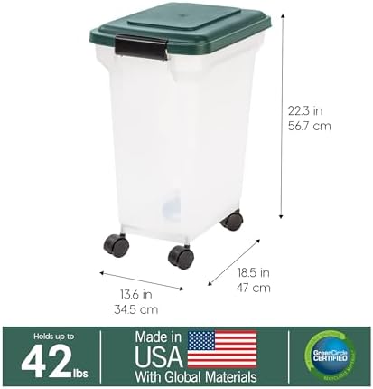 IRIS USA Airtight Pet Food Container, Up to 30 lbs & 11 lbs, Green | Airtight Seal, BPA-Free, 2-Cup Scoop, Stackable Design, Rolling Wheels, Dual Storage