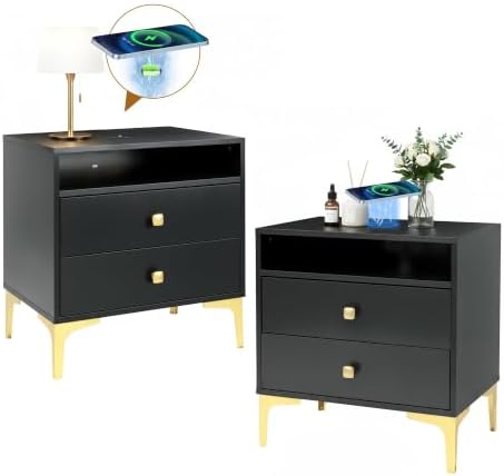 AILEEKISS Black Nightstands Set of 2 with Wireless Charger Station | Modern Bedside Tables Tall Night Stands Storage with 2 Drawers Metal Legs for