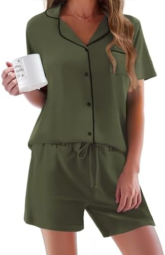 Ekouaer Pajamas Set for Women Short Sleeve Sleepwear Button Down Pj XS-XXXL | Summer 2 Piece Lounge Set, Soft Fabric, Drawstring Waistband, for Bridesmaid Bride Party, Plus Size, Petite, Cute Pattern