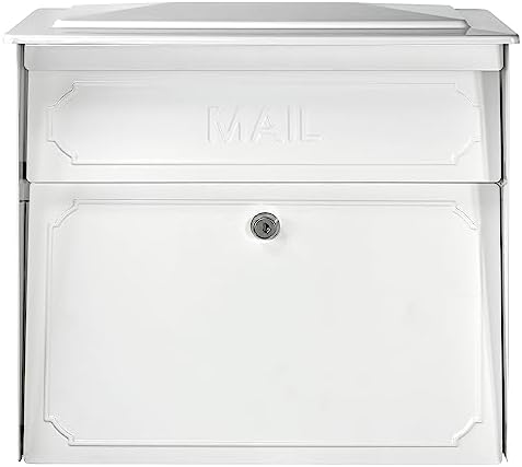 Mail Boss 7172 Townhouse Locking Security Wall Mount Mailbox, Black, Pack of 1 | Anti-pry locking door, classic stamped-panel design with decorative top cap, fixed slot fits envelopes and magazines.