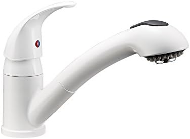 Dura Faucet DF-NMK852-WT RV Pull-Out Swivel Kitchen Sink Faucet (White) | One-hole, single-handle design with smooth lever control for galley cleanup. Easy DIY install with common hand tools.