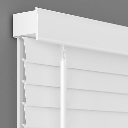 Lumino 2" Flat Slat Faux Wood Blinds, 34" W x 60" L White | Cordless, Built in Valence for Easy Installation, Custom Sizes