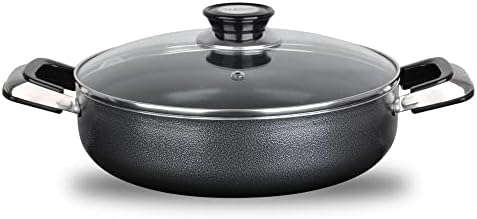 Alpine Cuisine 4 Quart Non-stick Stock Pot with Tempered Glass Lid and Carrying Handles, Multi-Purpose Cookware Aluminum Dutch Oven for Braising, Boiling, Stewing