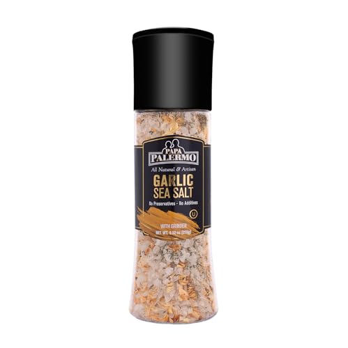 Papa Palermo Garlic Sea Salt Seasoning with Grinder, Kosher, All Natural, No Additives, 9.52 oz