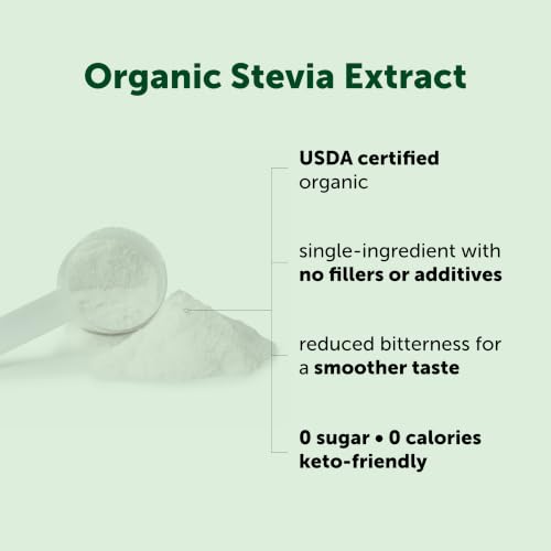 Micro Ingredients Pure Organic Stevia Powder, 8 Ounces, 1418 Serving, Highest Grade Green Leaf Extract Reb-A, Reduced Bitter Aftertaste, 0 Calorie, Natural Sweetener, Sugar Alternative, Keto Friendly