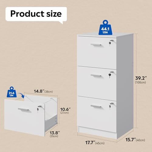 DEVAISE 3 Drawer Wood File Cabinet with Lock, Fits Letter and A4 Size | Wooden Tall Vertical Filing Cabinet, Home Office Printer Stand, Easy Assembly, White