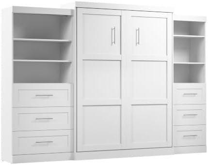 Bestar Pur Queen Murphy Bed and 2 Shelving Units with Drawers, 126-inch Space-Saving Wall Bed | 2 Shelving Units with Drawers, supports up to 1000 lb