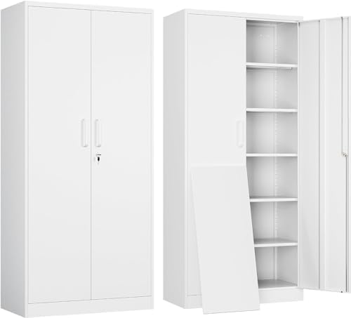 Metal Garage Storage Cabinet with 2 Doors and 5 Adjustable Shelves - 71" Steel Lockable File Cabinet, Locking Tool Cabinets for Office, Home, Garage
