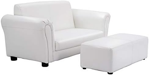 Costzon Kids Couch with Footstool, 2 in 1 Double Seat Children's Sofa w/PU Leather Surface, Armrest Chair Lounge, Soft Kids Sofa for Preschool Bedroom Kids Room Toddlers Boys Girls Birthday (Black)