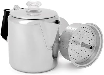 GSI Outdoors Percolator Coffee Pot I Glacier Stainless Steel with Silicone Handle for Camping, Backpacking, Travel, RV & Hunting - Stove Safe
