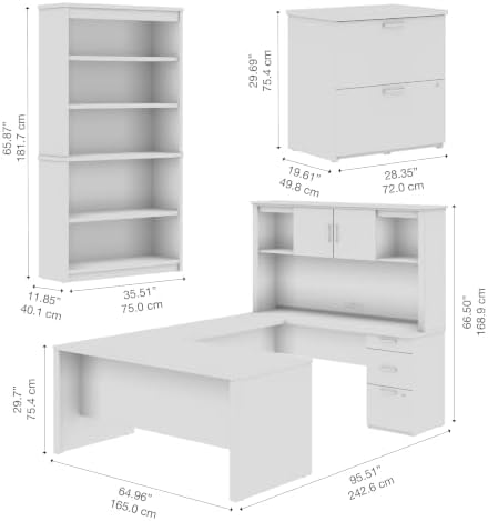 Bestar U or L Shaped with Hutch and File Cabinet, Bark Grey, Logan, 66W