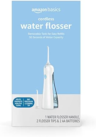 Amazon Basics HydroClean Portable Cordless Water Flosser for Teeth and Gums, 2 Pressure Tips, Removable Tank, 30 Seconds Water Capacity