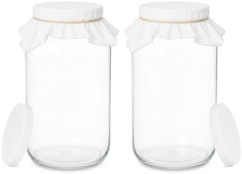 1 Gallon Glass Wide Mouth Kombucha Brewing Mason Jar - Home Brewing and Fermenting Kit with Cotton Cloth Filter, Rubber Band and Plastic Lid (1 Jar)