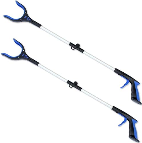 RMS 34 Inch Extra Long Reacher Grabber - Foldable with Rotating Jaw (Blue)