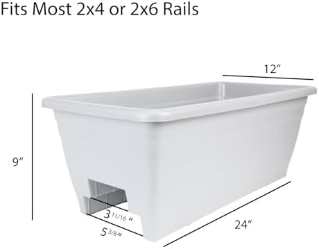 The HC Companies 24 Inch Deck Rail Box Planter Lightweight Outdoor Plastic Plant Pot for Herbs and Flowers, White