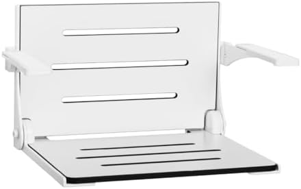 Seachrome Silhouette Comfort Folding Wall Mount Shower Bench Seat with Arms, Teak Seat with Silver Frame