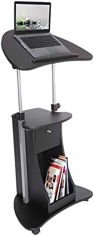Techni Mobili Adjustable Height Rolling Laptop Cart with Storage, Graphite | Adjustable height rolling laptop cart with storage drawer, open shelf, wheels, sit‑stand design for office or medical use