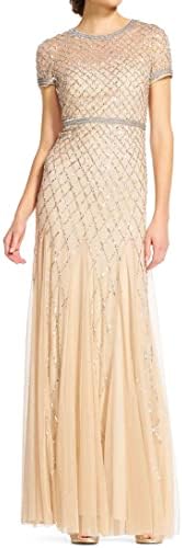 Adrianna Papell Womens Short-Sleeve Grid Beaded Gown