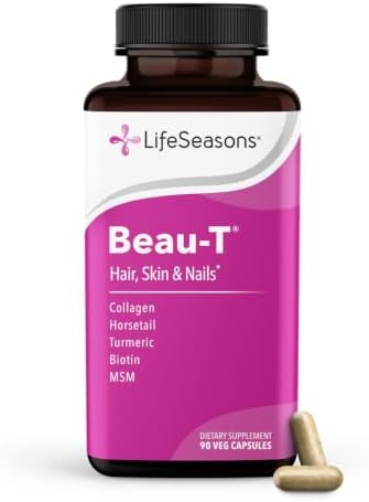 LifeSeasons Beau-T - Hair, Nail & Skincare Supplement - Promotes Healthy Hair and Nail Growth - Support Clear Skin & Fights Acne - Nail Strengthener - Contains Biotin Collagen Turmeric - 90 Capsules