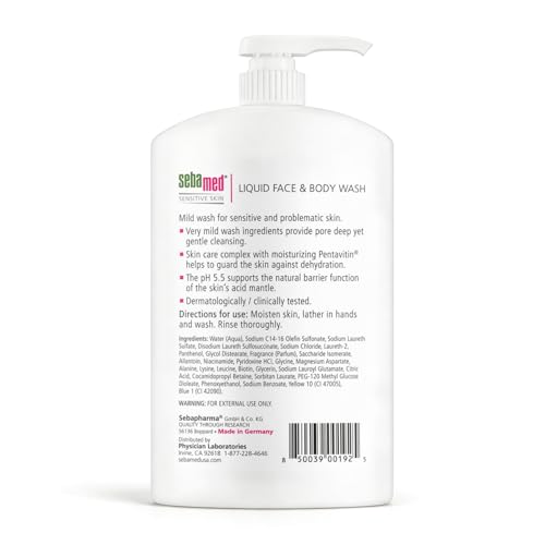 SEBAMED Sensitive Skin Face and Body Wash for Women and Men, pH 5.5, Mild Gentle Hydrating Cleanser, Hypoallergenic Body Wash, Dermatologist Recommended, 33.8 Fluid Ounces (1 Liter)