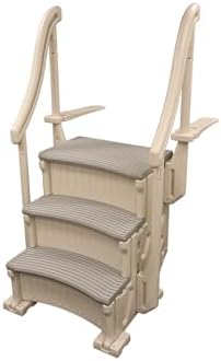 Confer Plastics Curved Drop-in Inground Pool Step 3 Tread Stair Entry System w/ 2 Handrails & Adjustable Mounting Brackets - Base Step, Grey Treads