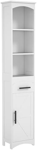 HOMCOM Tall Bathroom Storage Cabinet, Farmhouse Bathroom Cabinet, White | Narrow, Recessed Drawer, Barn Door