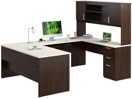 Bestar U Shaped Desk with Drawers, Hutch, and Keyboard Tray, Executive Workstation for Home or Professional Office, 65 Inches, Ridgeley Collection, White Chocolate
