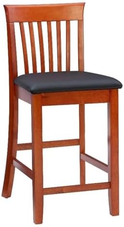 Riverbay Furniture 25" Mission Back Bar Stool, Rubberwood & Faux Leather, Dark Cherry/Black Finish, Counter Height Dining Seat with Padded Easy-Clean Upholstery, 37" H for Kitchen or Home Bar Use