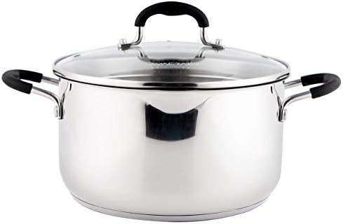 AVACRAFT 6 Quart Stainless Steel Stock Pot with Glass Strainer Lid | 5-Layer Capsule Base, Tempered Glass Strainer Lid, Drip-Free Pour Spouts, Induction Compatible, Dishwasher Safe