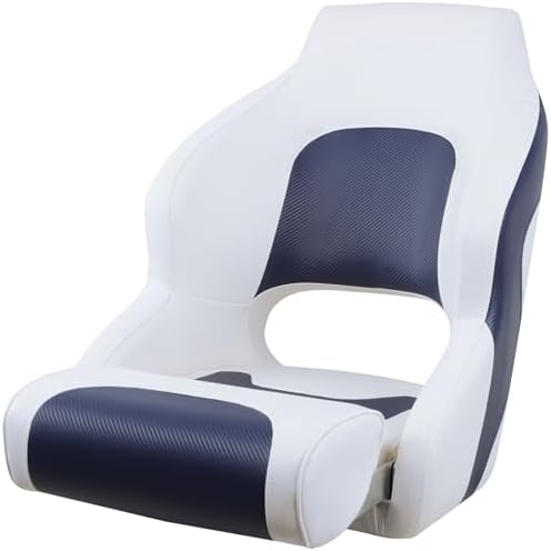 Seamander Boat Captains Chair,Captain Bucket Seat with Flip Up Bolster,Integral Rotomolded Frame, Premium EPDM Foam Material, Marine Grade Vinyl (A-White/Charcoal)