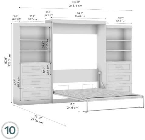 Bestar Pur Queen Murphy Bed with 2 Shelving Units, 136-inch Space-Saving Sleeping Arrangement with Storage | 2 Shelving Units, supports up to 1000 lb