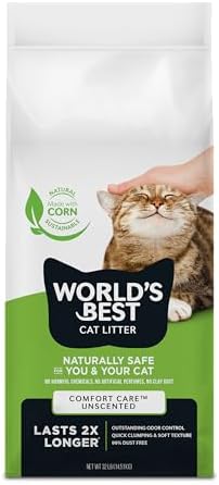 World's Best Cat Litter, Comfort Care, Unscented, Odor Control, 8 lb Bag | Gentle odor control for sensitive cats and lasts 2x longer; natural corn litter, quick clumping, flushable, 99% dust free