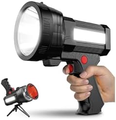 BIGSUN Q953 Rechargeable Spotlight,100000 High Lumen LED Flashlightv with COB Flood Light, Built-in 10,000 mAh Li-Ion Battery for Patrol, Working, Hunting, Red Lens and Tripod