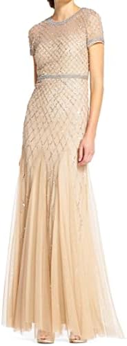 Adrianna Papell Womens Short-Sleeve Grid Beaded Gown