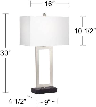 Todd 30" Large Table Lamp USB Brushed Nickel AC Power Outlet Modern | Hotel Charging Ports Living Room Bedroom House Bedside Nightstand Home Office Family Rectangle White Shade