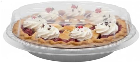 Durable Packaging 9" Aluminum Foil Pie Pan Plate Tin 1-5/16" Deep w/Clear Plastic Dome Lid Cover (Pack of 12)