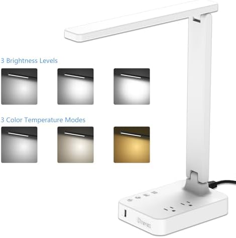 Drevet LED Desk Lamp for College Dorm Room, Desk Light with 1 USB Charging Port 2 AC Power Outlet, 3 Lighting Modes, 3 Level Brightness Touch Lamp