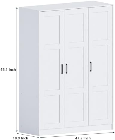Fenghua Lizhi 3 Doors Wooden Wardrobe Closet Armoire, White Storage Cabinet for Hanging Clothes, Bedroom Large Capacity Freestanding Armoire,Wood Wardrobe Combination with Shelves