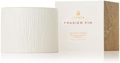 Thymes Frasier Fir Candle - Gilded Collection - Wood Grain Ceramic Design with 24-Karate Gold Rim - Mountain Fresh Fragrance - Elegant Winter Candle Scents - Gifts for Women & Men (3-Wick, 20 oz)