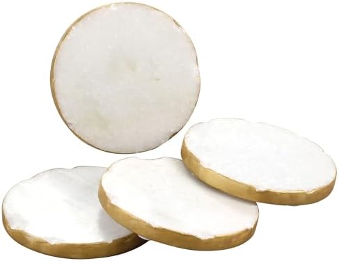 Thirstystone 4 Pack Round Natural White Marble Coasters 4" Diameter | Gold Edges, Elegant, Luxurious, Stemware Safe