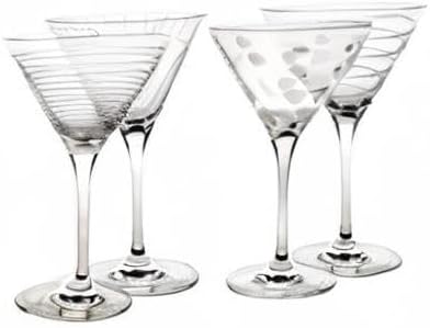 Mikasa Cheers 10-Ounce Martini Glasses, Fun Etched Designs, Durable Clear Glass Cocktail Glassware, Set of 4, Perfect for Entertaining and Gifting