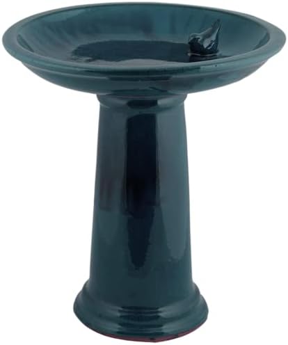 Esschert Design Bird Bath on Pedestal W/Bird, Ceramic, Blue, 18"H