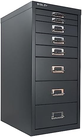 5-Drawer Steel MultiDrawer Cabinet - Orange, by Bisley | Chrome Pull Handles with Label Holders, Powder-Coated Steel, Removable Drawers, Desktop Storage, Labels Included